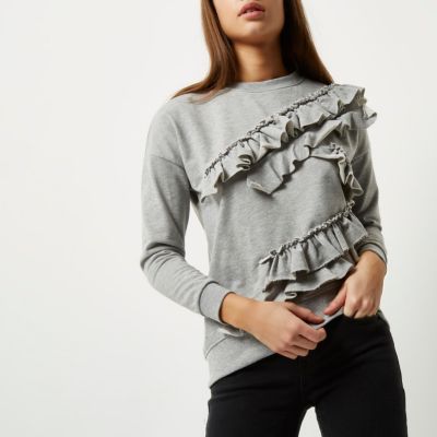 Grey long sleeved frill detail sweatshirt